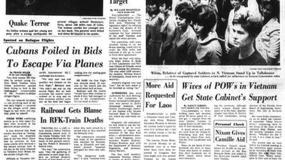 
This Miami Herald front page features a story about the two Varadero-Miami Freedom Flights of Oct. 7, 1969, when young men tried to escape Cuba by hopping onto the airplane’s landing gear as it taxied on the runway.