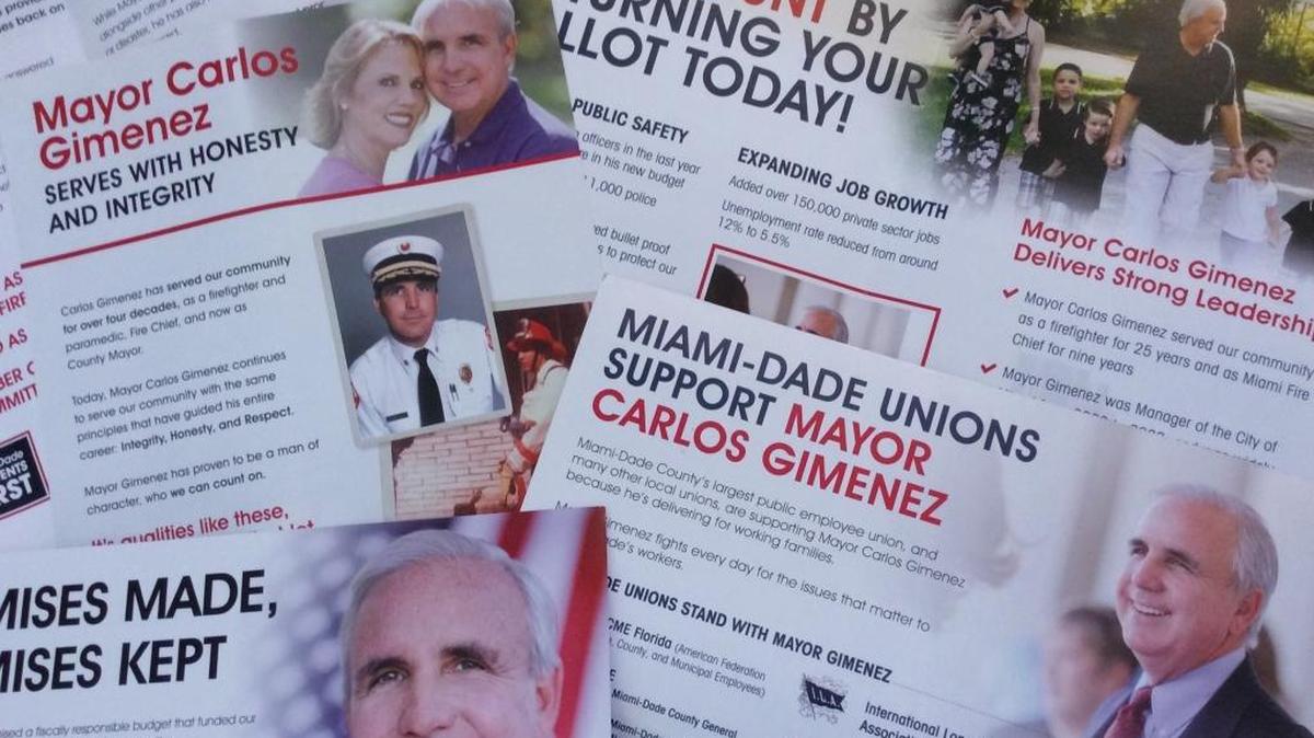 Miami-Dade Mayor Carlos Gimenez has sent six huge campaign mailers to voters in the Northwest Miami-Dade communities affected by the megamall project he fast-tracked without their input.