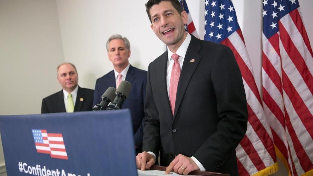 House Speaker Paul Ryan, right, joined by House Majority Whip Steve Scalise, left, and House Majority Leader Kevin McCarthy, tells reporters Tuesday that anyone who wants to be the Republican presidential nominee must reject any racist group or individual.