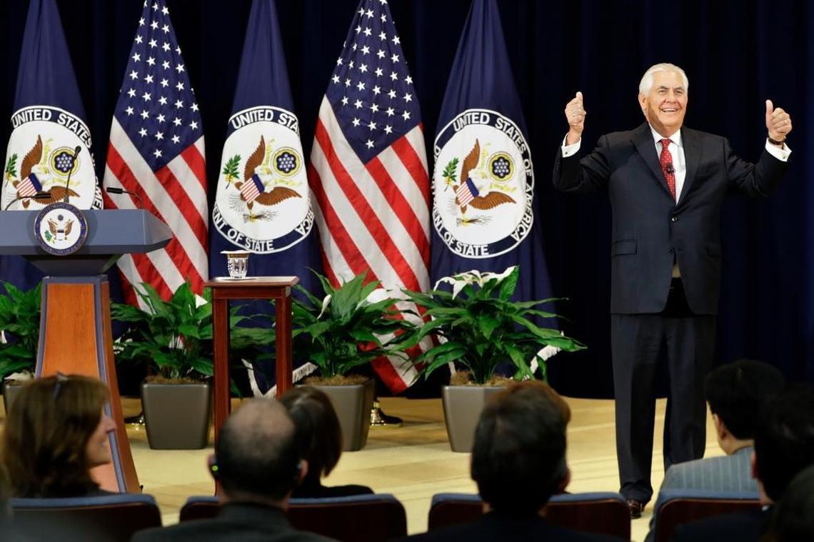 Secretary of State Rex Tillerson gives the thumbs-up as he arrives to speak to State Department employees, Wednesday, May 3, 2017, at the State Department in Washington.