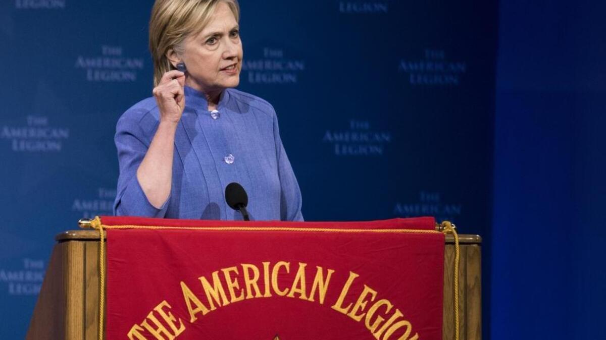 Democratic presidential nominee Hillary Clinton speaks at a campaign event during the American Legion National Convention at the Duke Energy Convention Center in Cincinnati on Wednesday
