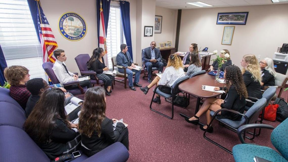 Rep. Bobby DuBose of Fort Lauderdale, far center, meets with survivors from Marjory Stoneman Douglas High School and other students from Broward County schools in Tallahassee on Tuesday.