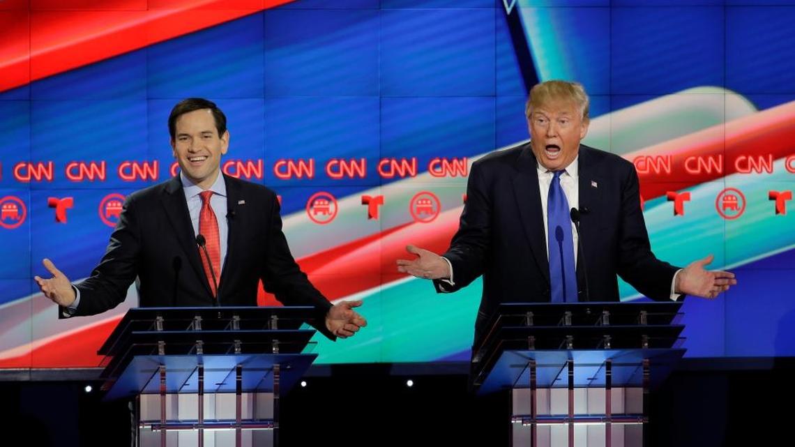In this file photo Sen. Marco Rubio and businessman Donald Trump appear at a Republican presidential primary debate at the University of Houston on Feb. 25. Rubio said Tuesday he will continue to support Trump despite the presidential candidate’s vulgar comments in a video made public last week.