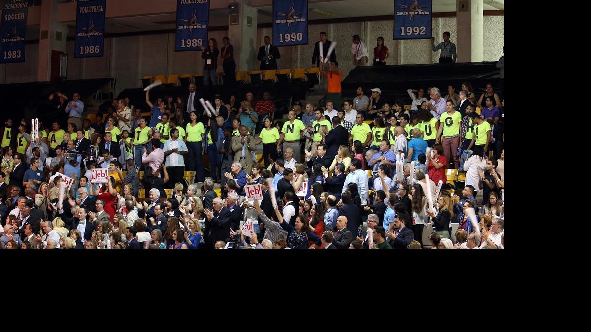 
Members of the audience protest as former Florida Gov. Jeb Bush as he announced his candidacy for president Monday.
