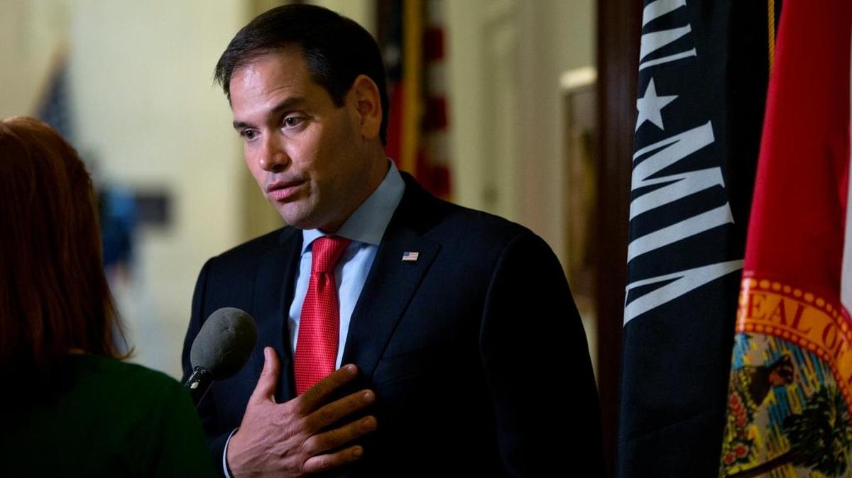 Sen. Marco Rubio speaks to media outside his office on Capitol Hill in Washington on Wednesday.