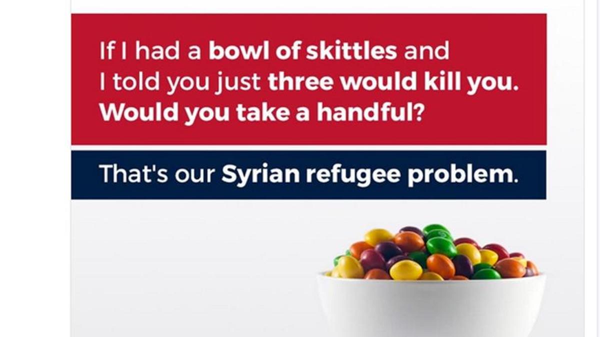 This screenshot shows the tweet posted on Monday by Donald Trump Jr. comparing Syrian refugees to a bowl of poisoned Skittles.