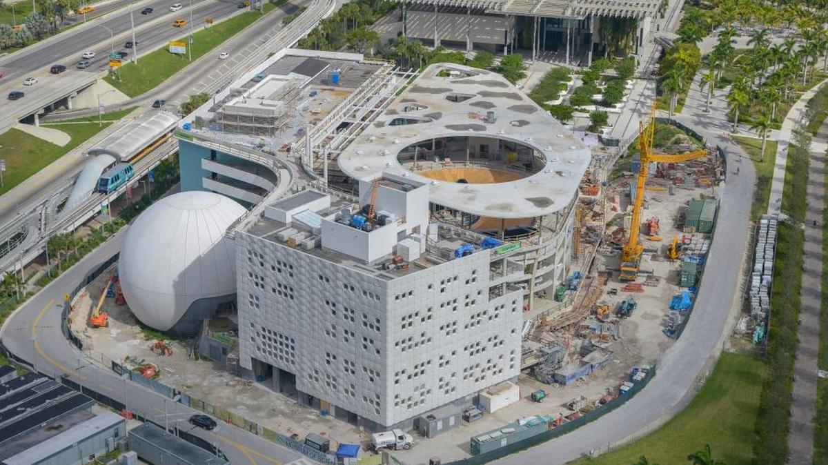 Aerial of Patricia and Phillip Frost Museum of Science shows 75 percent completion, but the museum needs $45 million to open by fall.