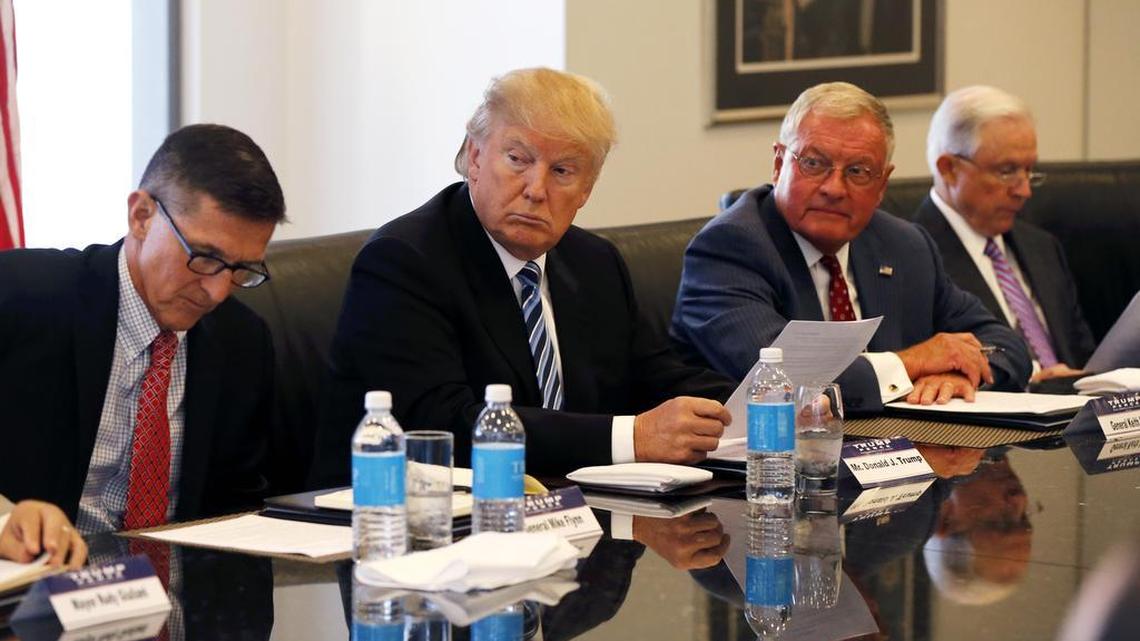 File photo shows then-presidential candidate Donald Trump participating in a roundtable discussion on national security in his offices at Trump Tower in New York on Aug. 17, 2016. From left are Ret. Army Gen. Mike Flynn, Trump, Ret. Army Lt. Gen. Keith Kellogg and Sen. Jeff Sessions.
