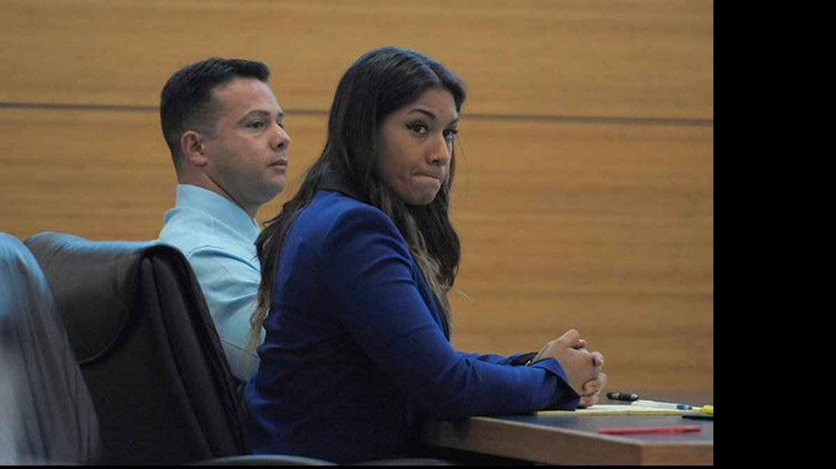 
Elissa Alvarez, 20, right, and Jose Caballero, 40, listen to witness testimony during their trial on charges of lewd and lascivious exhibition at the Manatee County Judicial Center in Bradenton. | .
