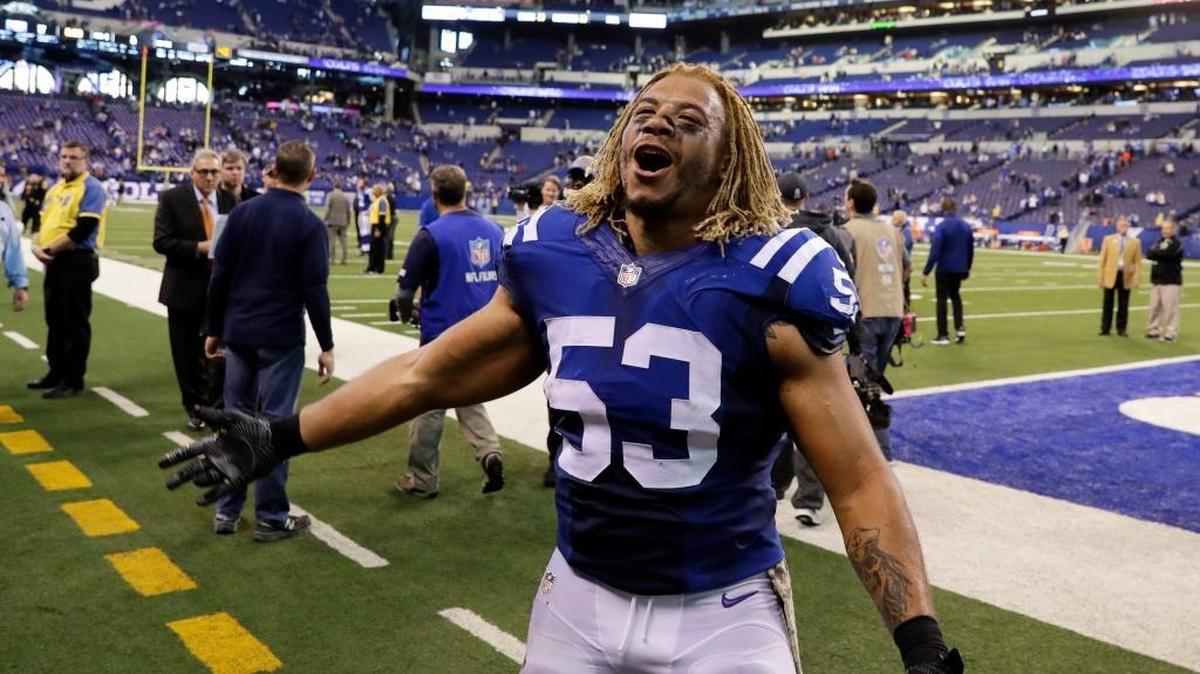 Indianapolis Colts linebacker Edwin Jackson walks off the field following a 2016 football game against the Tennessee Titans in Indianapolis. Jackson, 26, was one of two men killed when a suspected drunken driver struck them as they stood outside their car along a highway in Indianapolis.