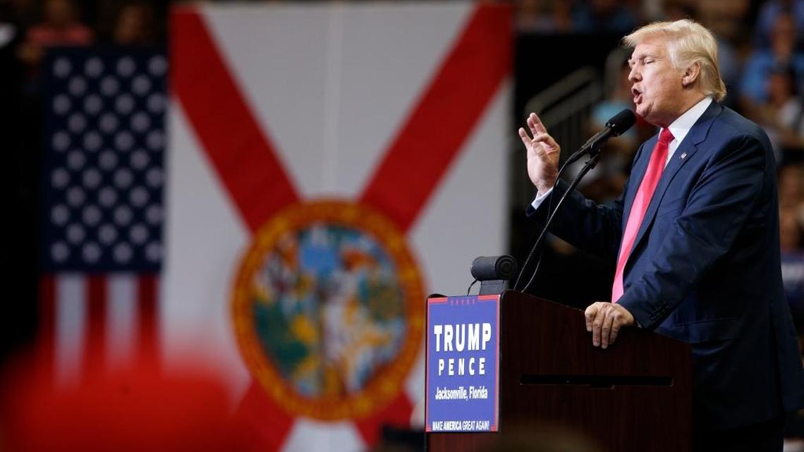 Republican presidential candidate Donald Trump speaks during a campaign rally at Jacksonville Veterans Memorial Arena, Wednesday, Aug. 3, 2016.