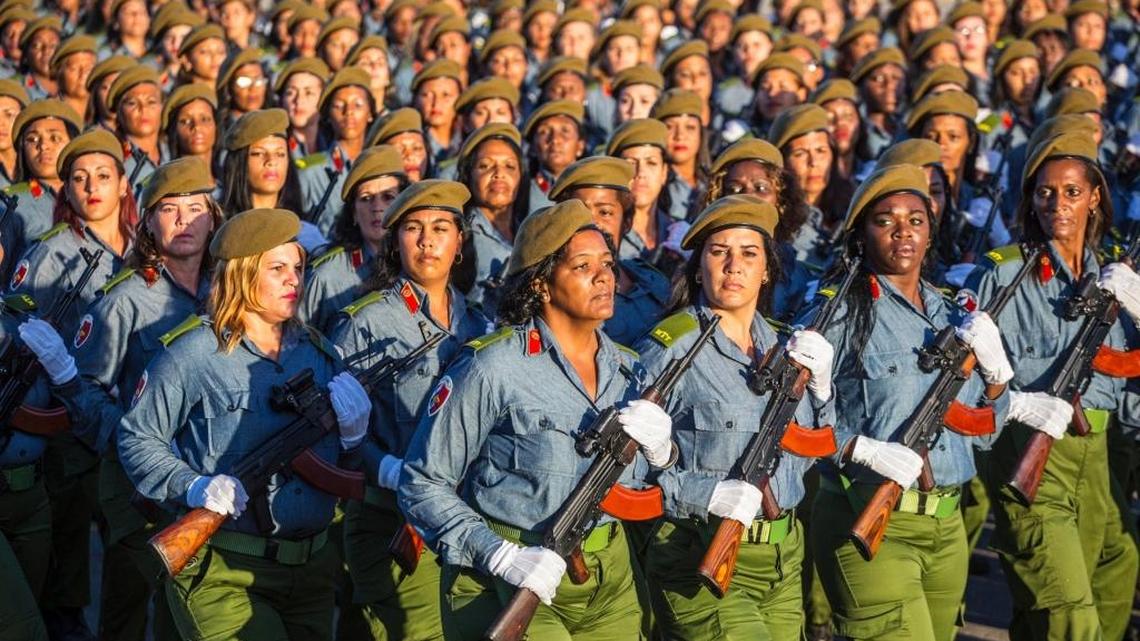 Women soldiers parade through Revolution Square in Havana in honor of the late Cuban leader Fidel Castro on Jan. 2, 2017.