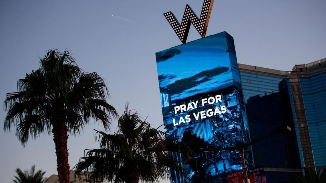 The W Las Vegas displays a message for the victims of Sunday night’s mass shooting in Las Vegas.