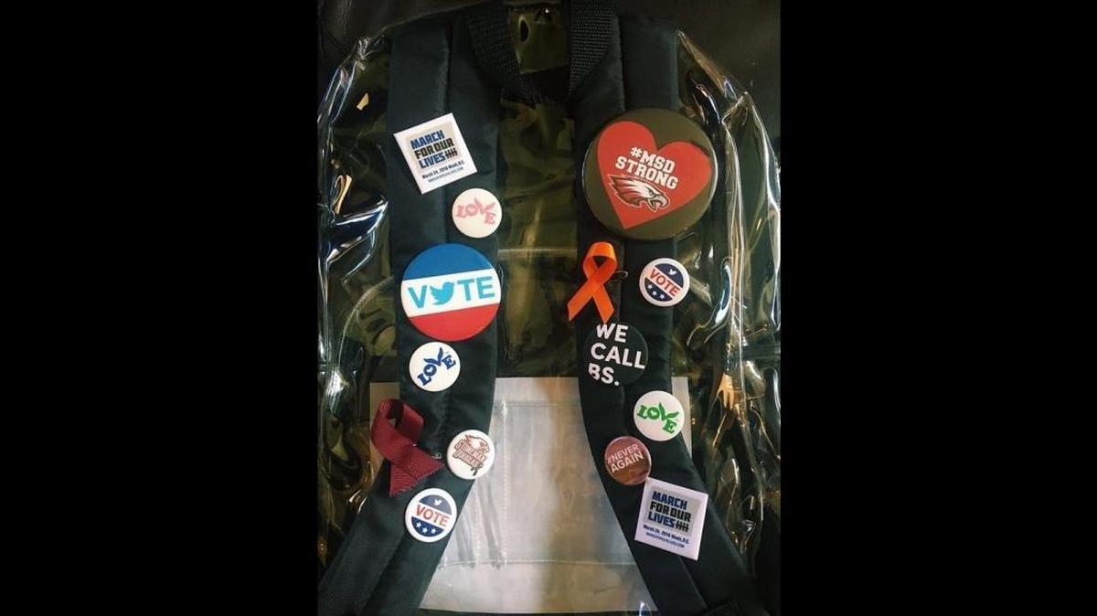 Labels on a Marjory Stoneman Douglas High School student’s see-through backpack.
