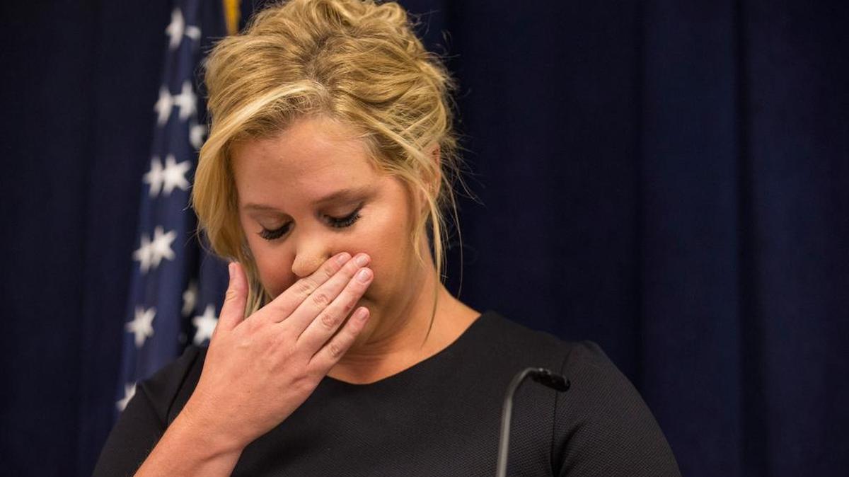 
Comedian Amy Schumer speaks at a press conference in New York City calling for tighter gun laws in an effort to stop mass shootings and gun violence. A gunman killed two women last month in Louisiana during a showing of Schumer's movie Trainwreck.
