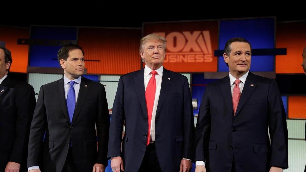 Republican presidential candidates Marco Rubio, Donald Trump and Ted Cruz