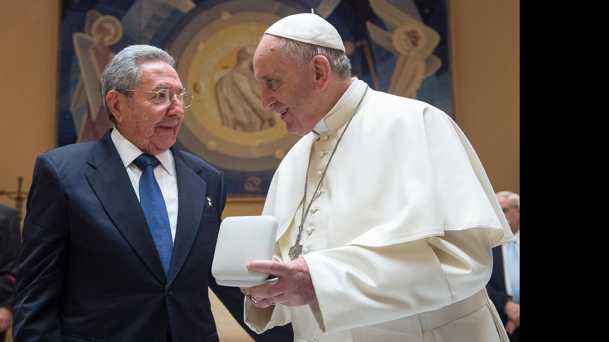 
Pope Francis meets with Cuban President Raul Castro during a private audience at the Vatican on May 10.
