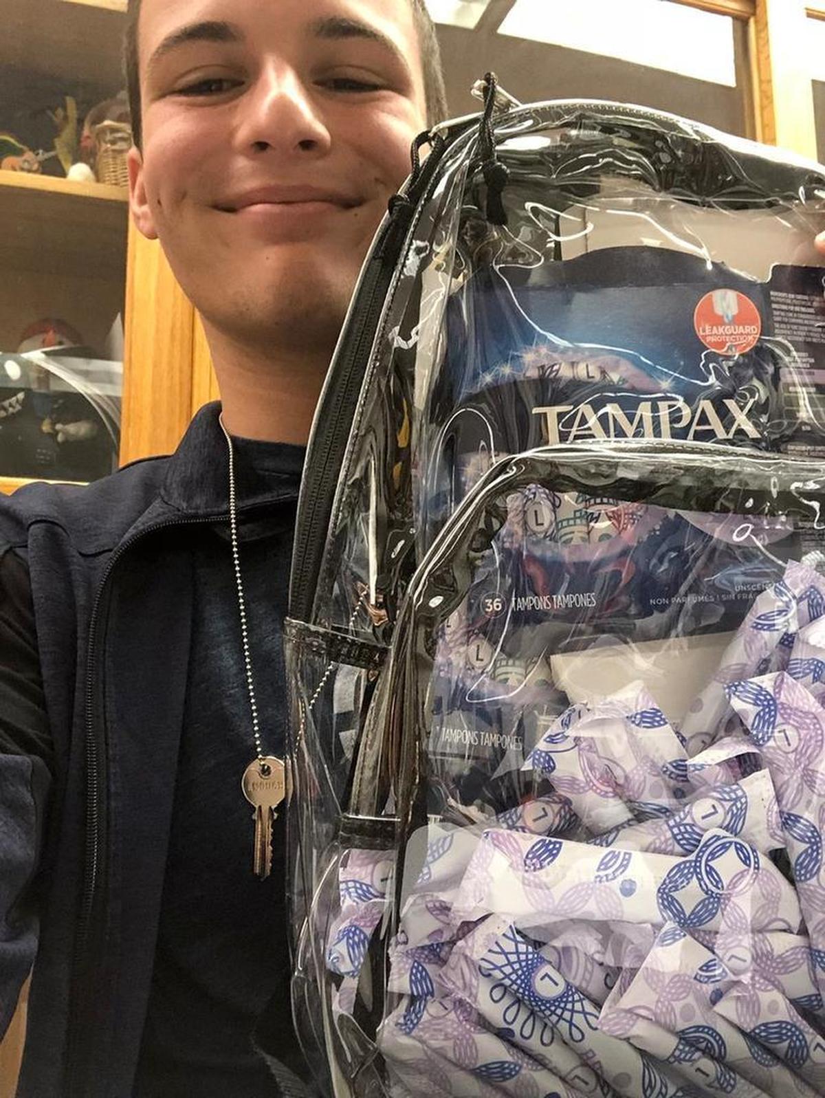 Marjory Stoneman Douglas High School student Cameron Kasky shows off his see-through backpack filled with tampons