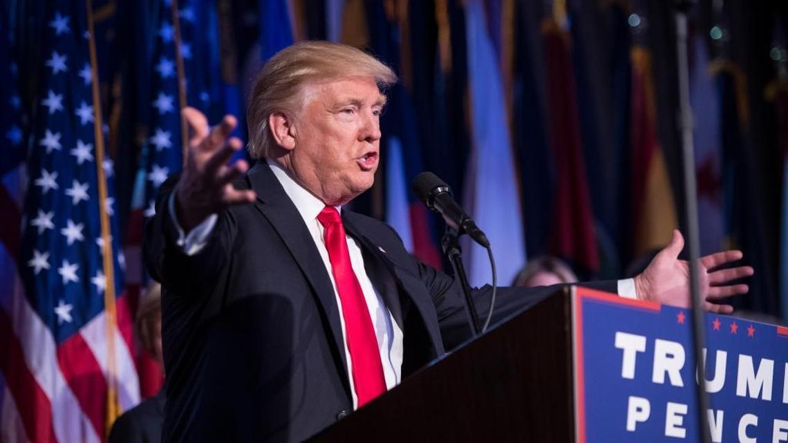 President-elect Donald Trump speaks during an election rally early Wednesday in New York after clinching the election.