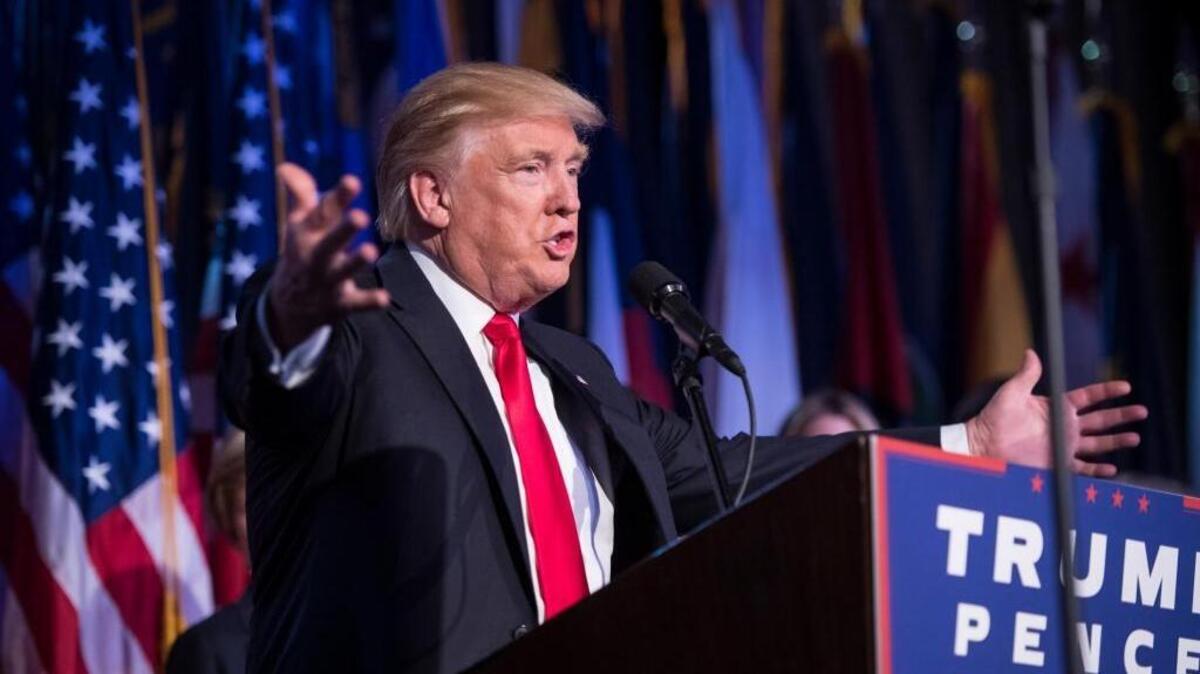 President-elect Donald Trump speaks during an election rally early Wednesday in New York after clinching the election.