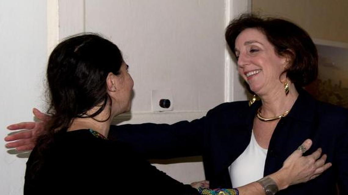 
Assistant Secretary of State of the Bureau of Western Hemisphere Affairs Roberta S. Jacobson, right, is greeted by blogger and dissident Yoani Sanchez in Havana, Cuba, Friday, Jan. 23, 2015. 
