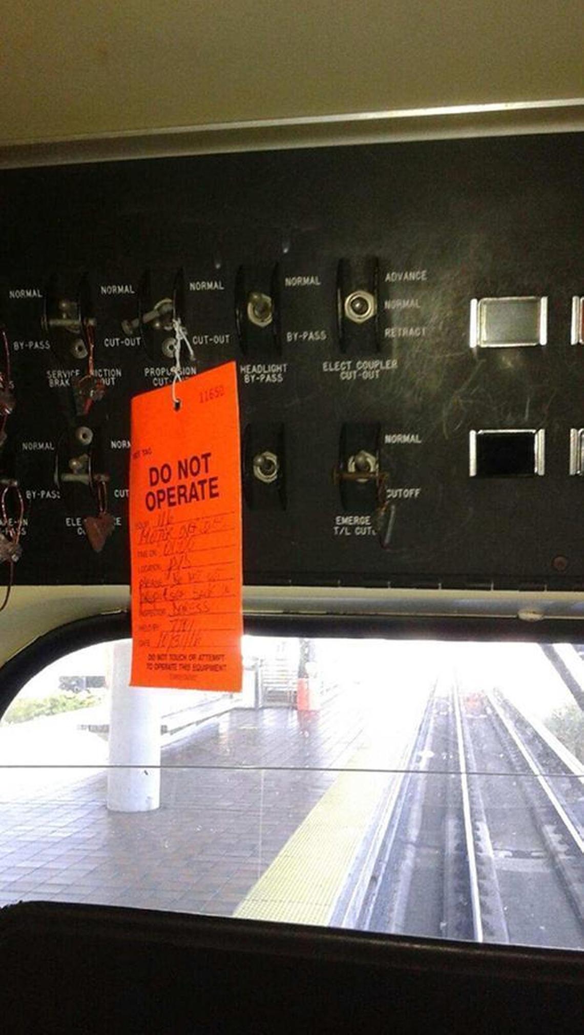 This Metrorail car, shown here in service, has parts tagged: ‘Do Not Operate.’