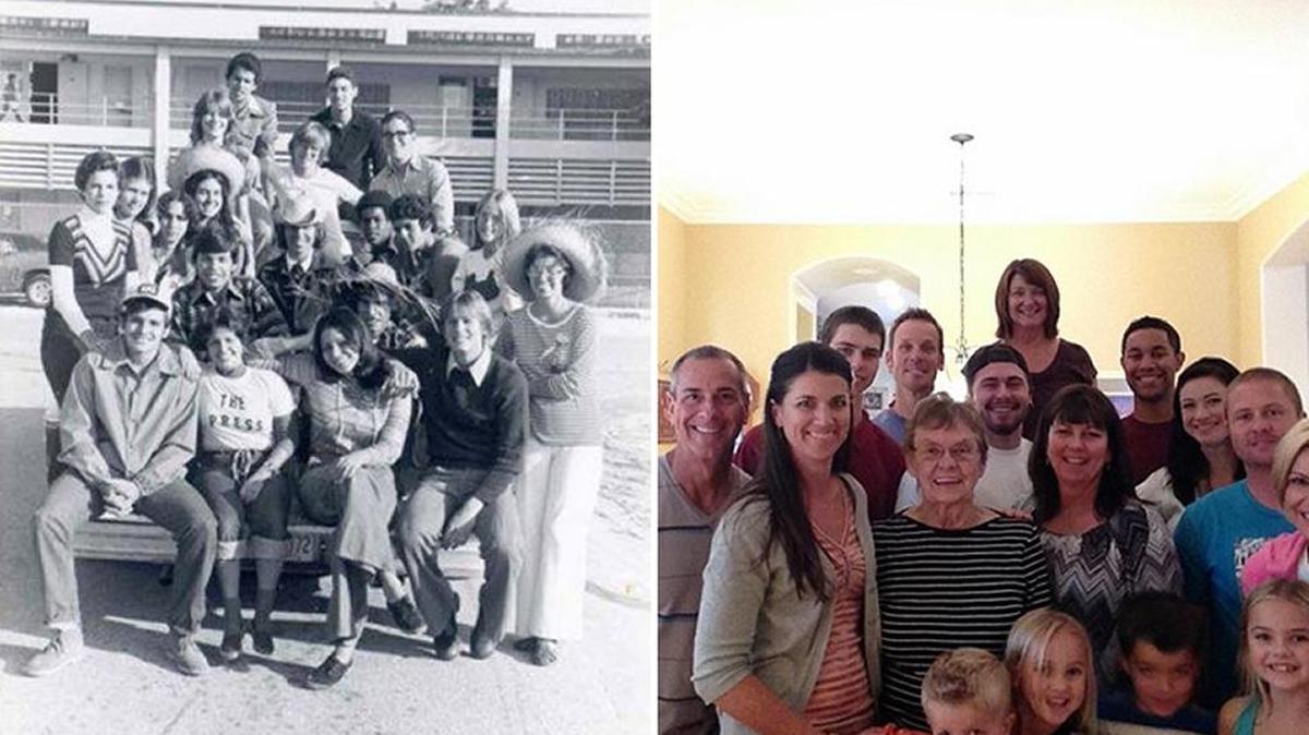 Black and white photo of Bonnie Sipe (far right with glasses and hat), journalism teacher at Hialeah High School, with her award-winning newspaper class of 1977. Second photo is Bonnie Sipe (center) surrounded by family in California.