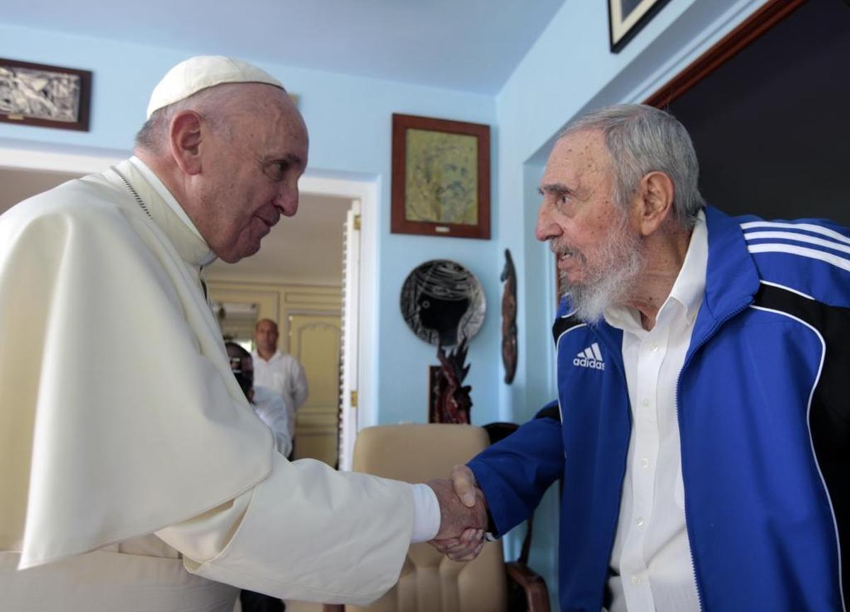Pope Francis and Cuba’s Fidel Castro shake hands in Havana on Sept. 20, 2015.