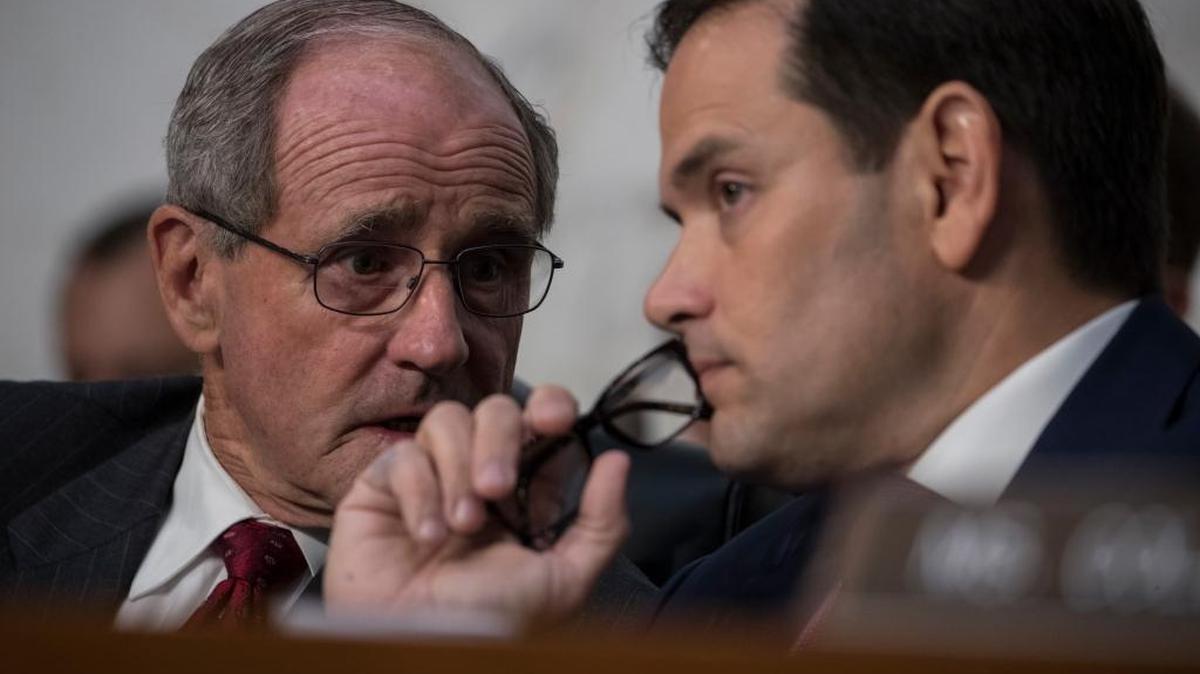 Sen. Jim Risch, R-Idaho, and Sen. Marco Rubio, R-Fla., confer as former FBI director James Comey testifies before the Senate Select Committee on Intelligence, on Capitol Hill on Thursday.