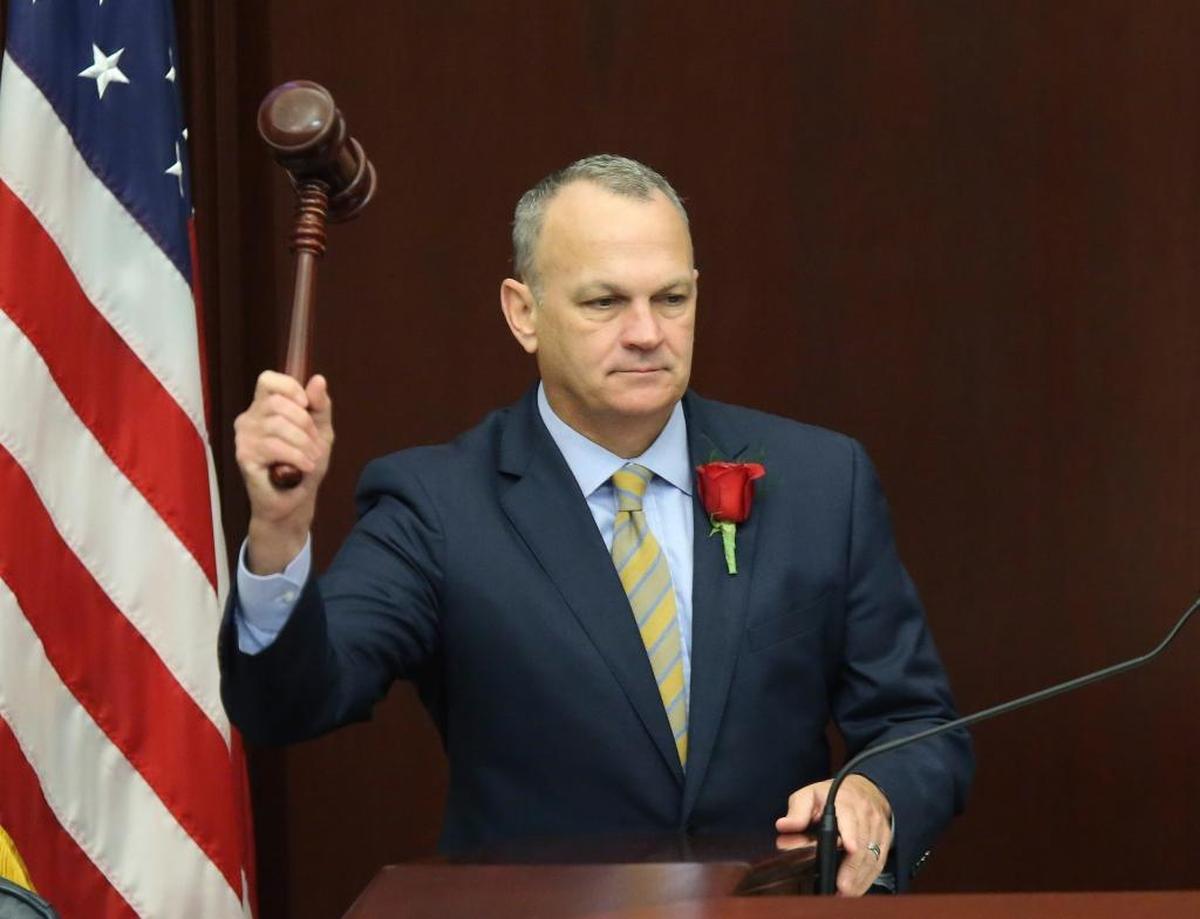 Florida House Speaker Richard Corcoran, R-Land O’Lakes, pounds the gavel to start the first day of legislative session on Tuesday, Jan. 9, 2018, in Tallahassee.
