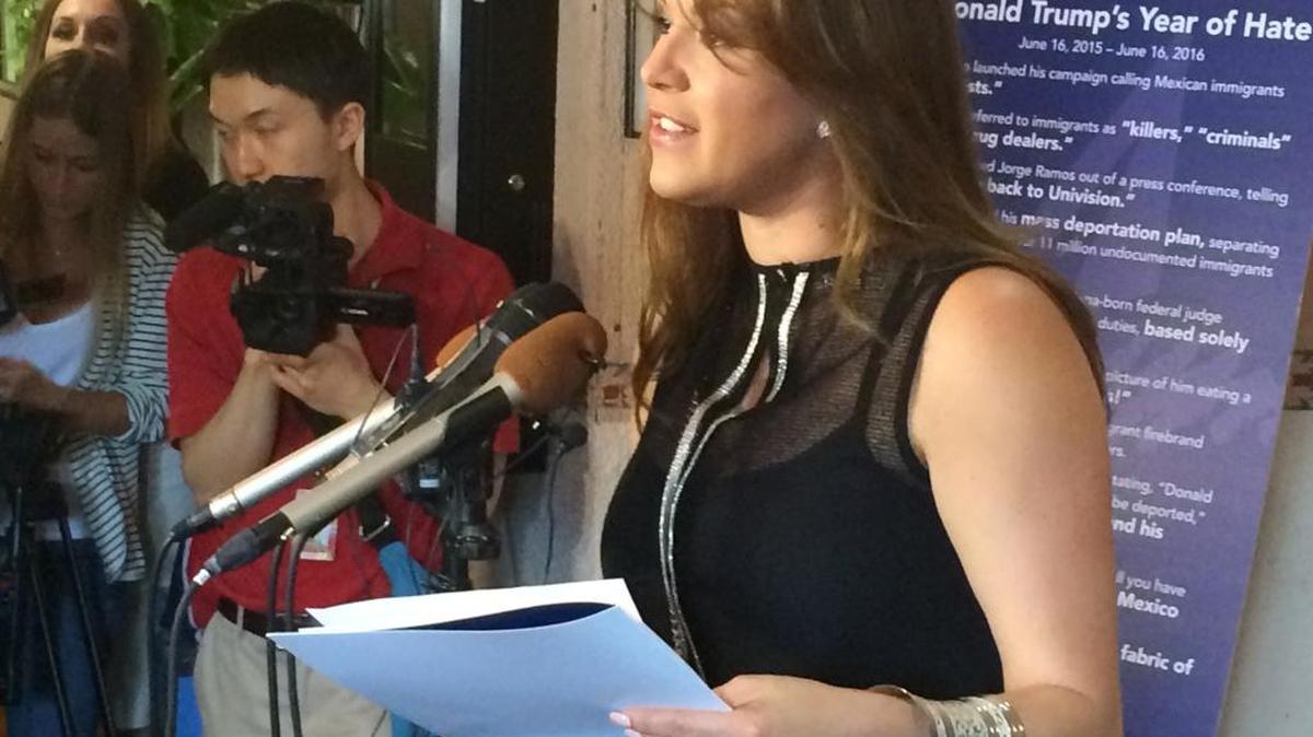 In this June 15, 2016, file photo, former Miss Universe Alicia Machado speaks during a news conference at a restaurant in Arlington, Va., to criticize Republican presidential candidate Donald Trump. Machado became a topic of conversation during the first presidential debate between Trump and Democratic candidate Hillary Clinton on Sept. 27, 2016.
