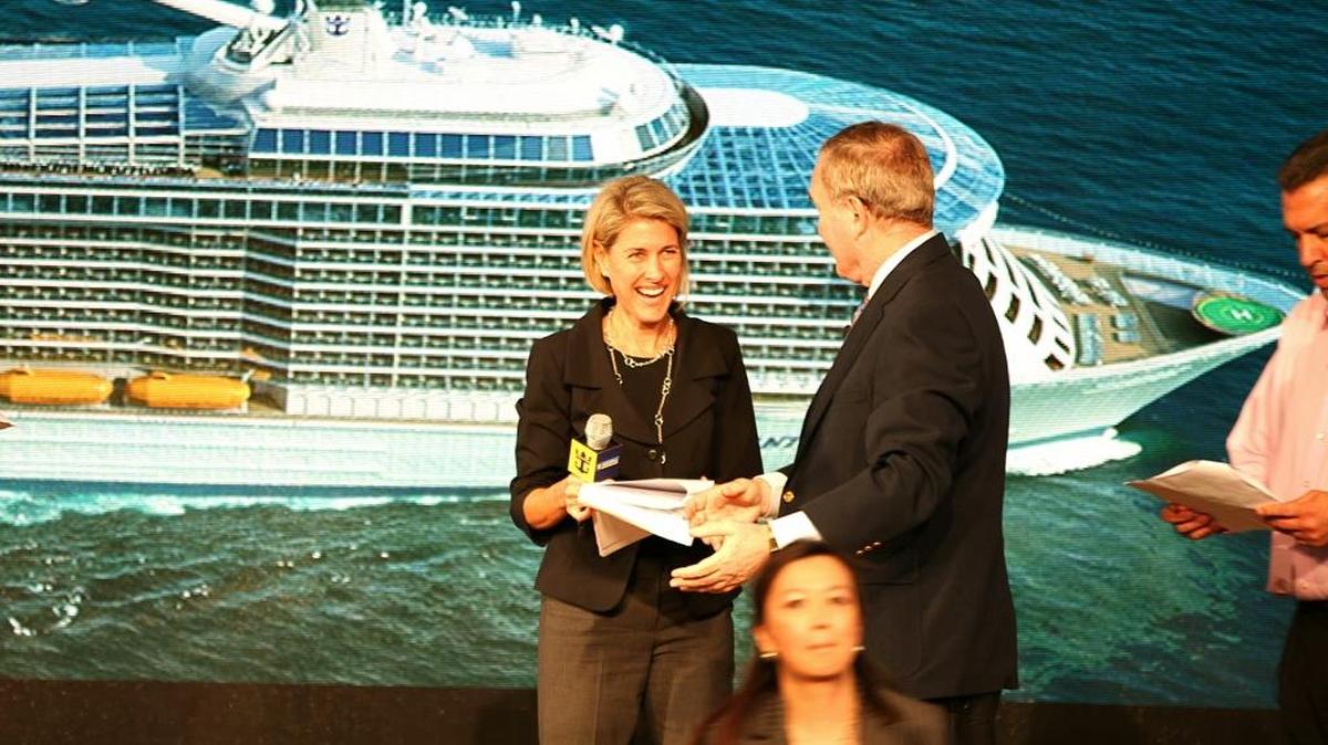 
SETTING SAIL: Jennifer Zighelboim, (left) with Royal Caribbean Cruises chairman Richard Fain (right), during the launch of Quantum of the Seas in 2014. She worked with the company for more than 27 years.

