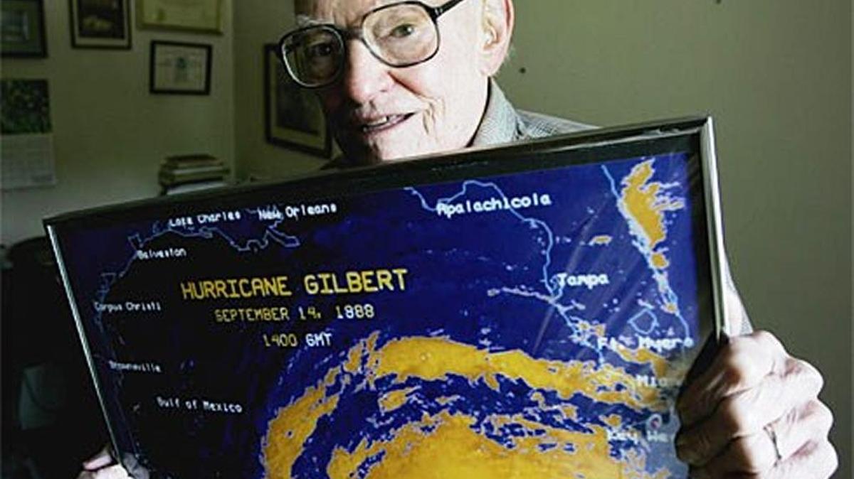 Gil Clark, forecaster at National Hurricane Center from 1956 to 1990, named hurricanes, mentored many meteorologists and delighted when a big one, Hurricane Gilbert in Sept. 1988, ushered him toward retirement. “It’s a good way to go out.”
