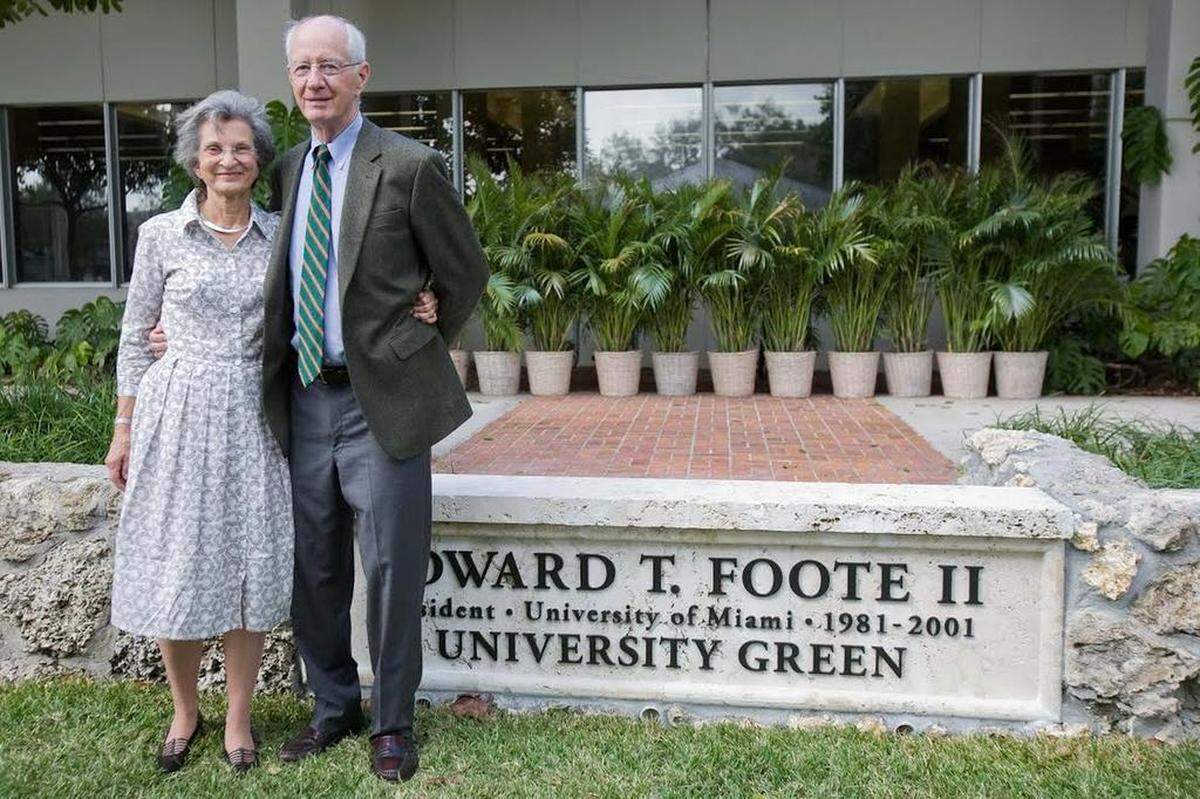 File photo from 2010. In honor of Edward T. Foote’s 20-years as president of the University of Miami, Foote (right, pictured with his wife Roberta ‘Bosey’ Foote) was honored in 2010 with the dedication of Foote’s Green, a swathe of lawn between the student center and library where he presided over commencements. Bosey Foote’s mission was to turn UM into a ‘campus in a tropical garden’ and supported the university’s John C. Gifford Arboretum, a collection of rare plants and trees. She also pushed to beautify the campus with lush landscaping.