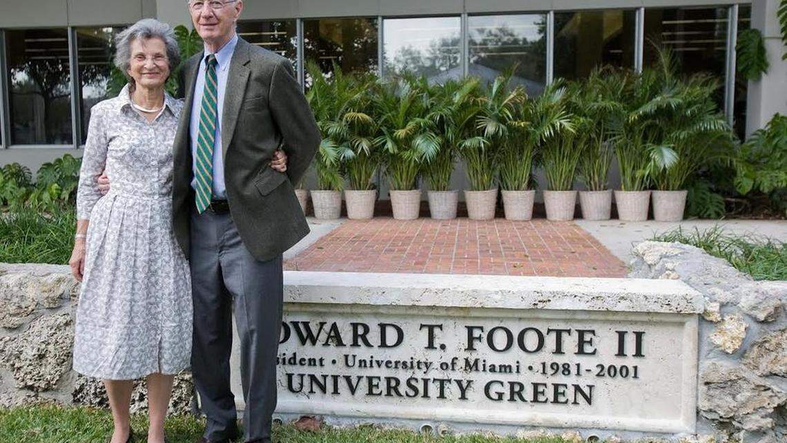 
File photo from 2010. In honor of Edward T. Foote’s 20-years as president of the University of Miami, Foote (right, pictured with his wife Roberta ‘Bosey’ Foote) was honored in 2010 with the dedication of Foote’s Green, a swathe of lawn between the student center and library where he presided over commencements. Bosey Foote’s mission was to turn UM into a ‘campus in a tropical garden’ and supported the university’s John C. Gifford Arboretum, a collection of rare plants and trees. She also pushed to beautify the campus with lush landscaping.