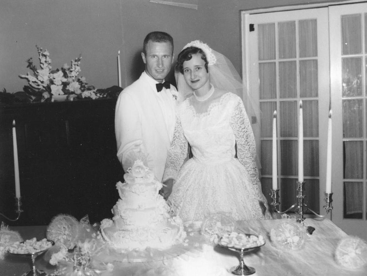 Harold Oates Taylor and MaryAnn Stringfellow Taylor, his college sweetheart, on their wedding day in 1956.