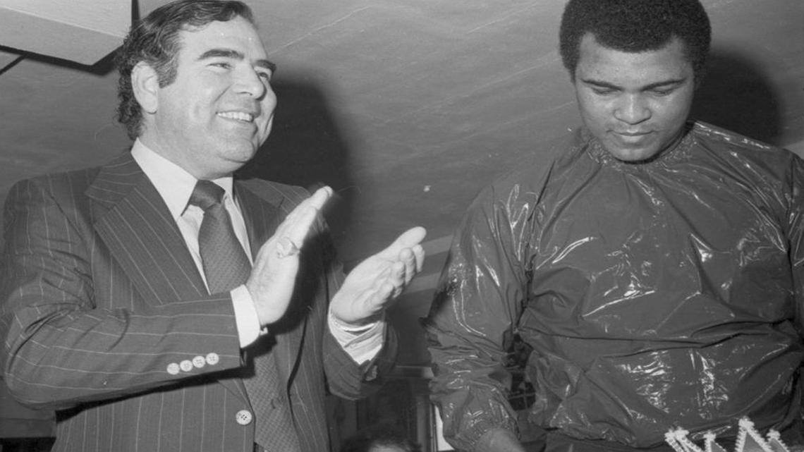 
GREETING SUPERSTARS: Former Miami Beach Mayor Leonard Haber greets boxing legend Muhammad Ali on Miami Beach in the 1970s.
