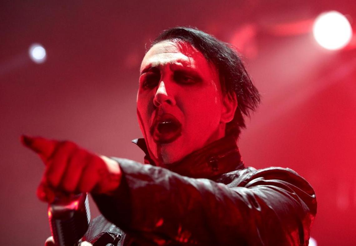 Marilyn Manson, in an Aug. 2, 2015, file photo from a performance in Camden, New Jersey.