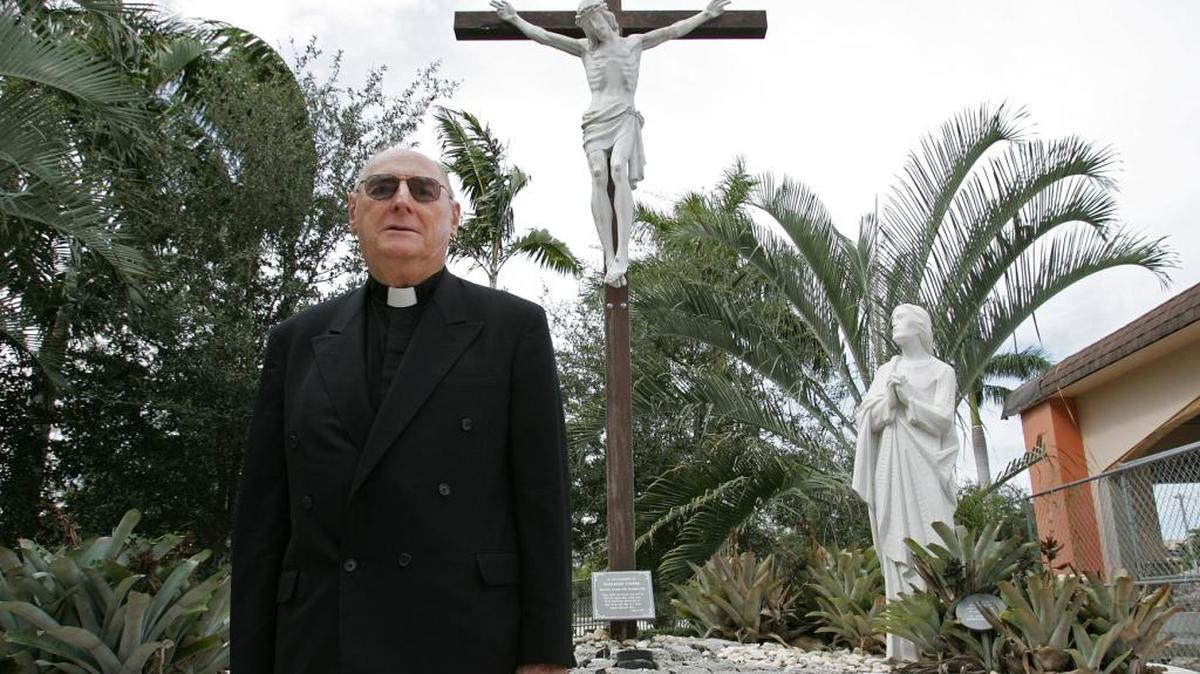Msgr. Noel Fogarty in the prayer garden of the St. Gregory Catholic Church in Plantation. Fogarty served as pastor at the school and church for 20 years and led its expansion efforts. He is seen here in 2008, three years before his retirement.