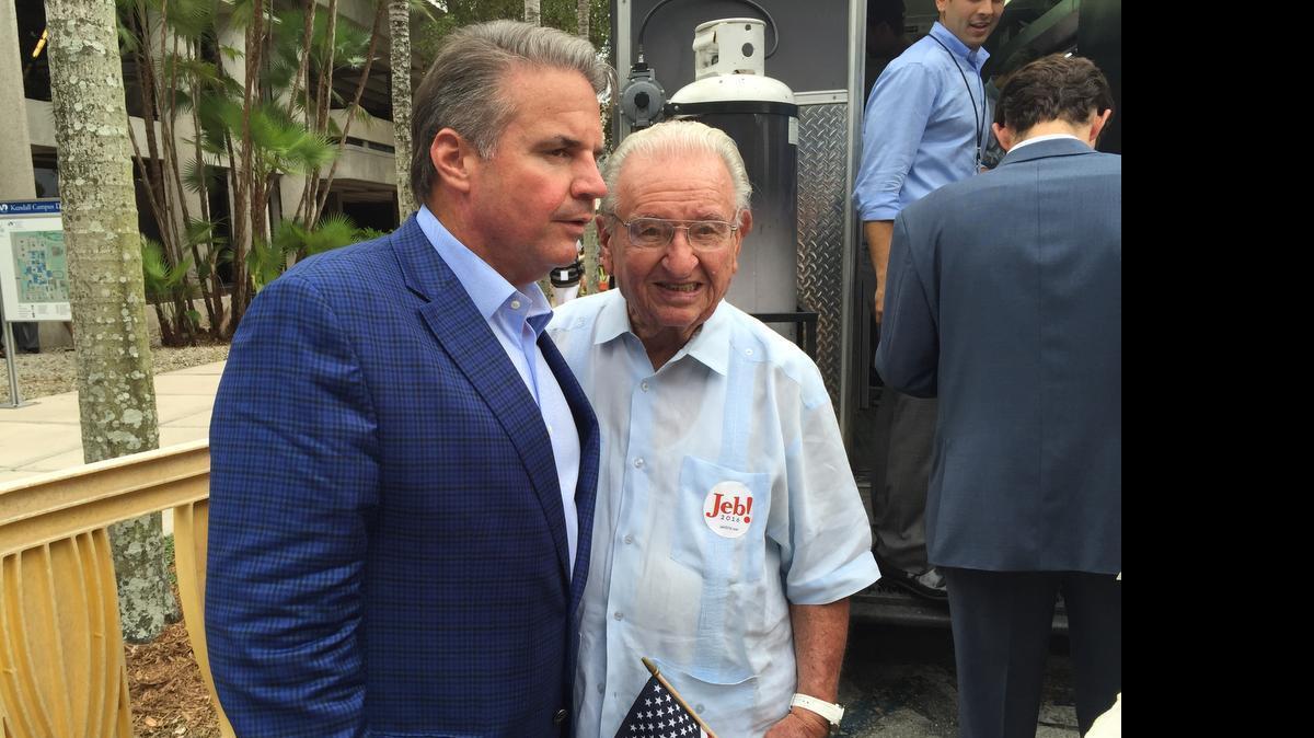 
Luis J. Arrizurieta with his son Jorge Luis Arrizurieta during the presidential campaign launch for former Florida Gov. Jeb Bush.
