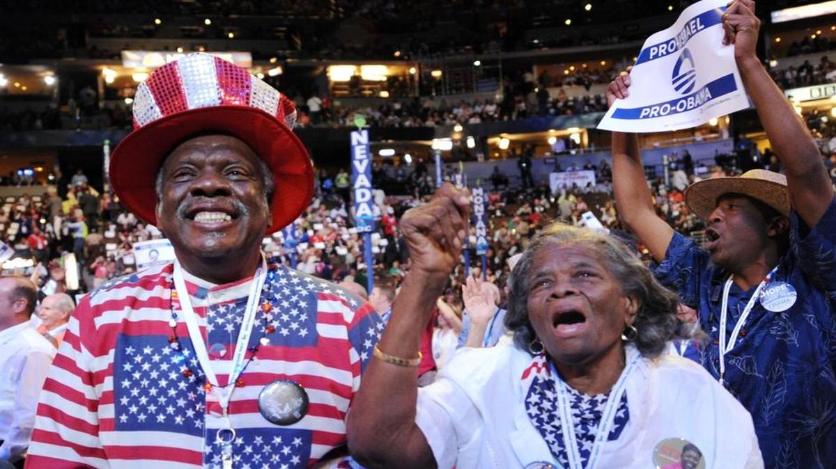 Educator Preston Marshall served as chaplain for the Miami-Dade Democratic Party. Here, Marshall and Eufaula Frazier, Miami conventioneers, cheer during the roll call vote at the Democratic National Convention in Denver, Colorado, on Aug. 27, 2008. The Miami residents attended every Democratic convention since 1972.