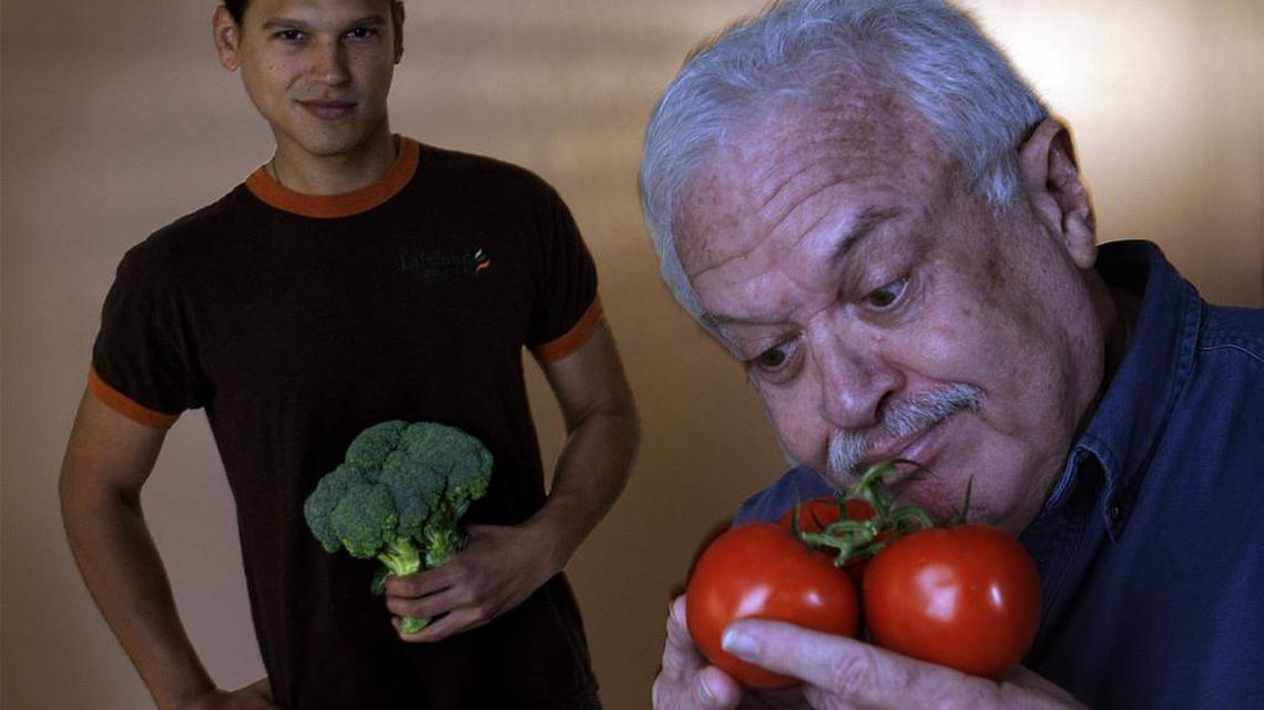 In this 2008 file photo, John Schott of NewLife Vegetarian (left) and Irving Fields (right) who founded Granny Feelgood's restaurant share their thoughts on the future of the vegetarian restaurant.