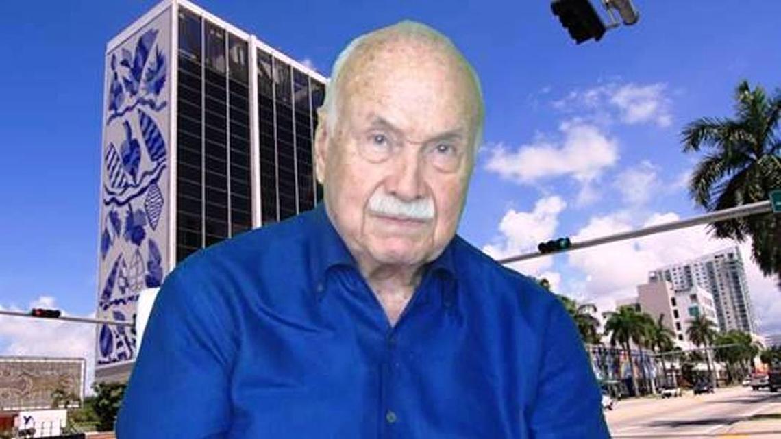 Architect Enrique Gutierrez, in front of the Bacardi tower he designed in 1963. The shot, by architect Angel Saqui, is from a documentary he made on Gutierrez and architect Raul Gonzalez, Gutierrez’s business partner in Cuba.