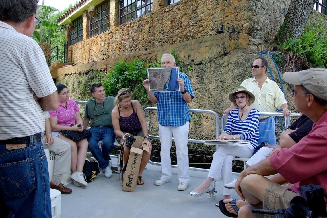 Robert Ginsburg, then a professor of geology at University of Miami’s Rosentiel School of Marine & Atmospheric Science, held up a map of South Florida as he talked about the evolution of the waterways and limestone formations in Miami-Dade during the Waterway Renaissance Waterway Tour in Coral Gables on June 6, 2010.
