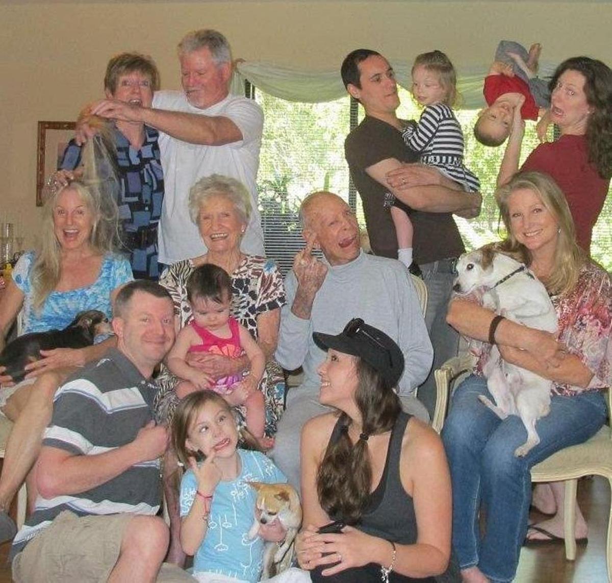 Members of the Roach family. Back row: Tina, Steve, Lance, great-grandchildren, and Stacey. Middle row: Roxanne, Roxie, Clyde Roach, Marilyn Allen. Bottom row: Robert, great-grandchildren, and Katie.