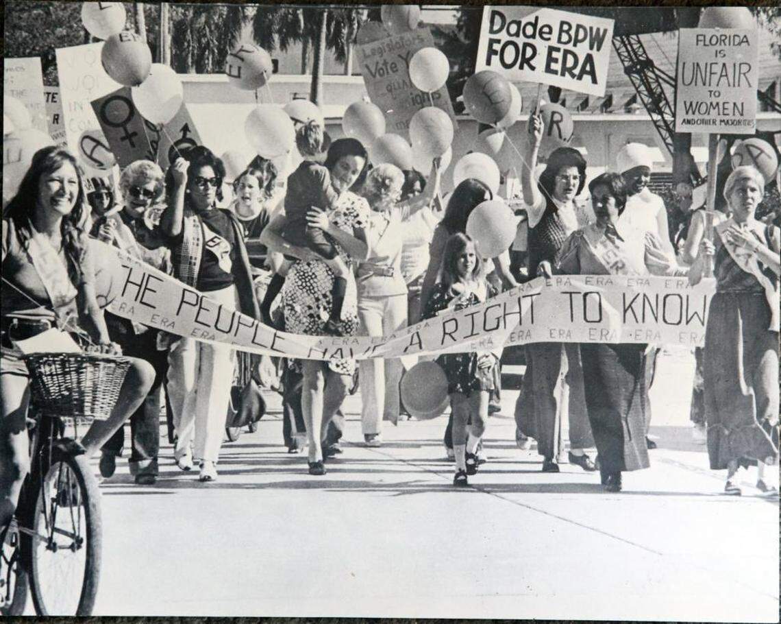 A photograph of Coral Gables activist Roxcy O'Neal Bolton, at center, during a circa 1970's march in support of the proposed Equal Rights Amendment. Bolton plans to donate Gables memorabilia, history, to the historical museum in Tallahassee and also has donated to City Hall locally. This was in her home on Wednesday, November 28, 2012.
