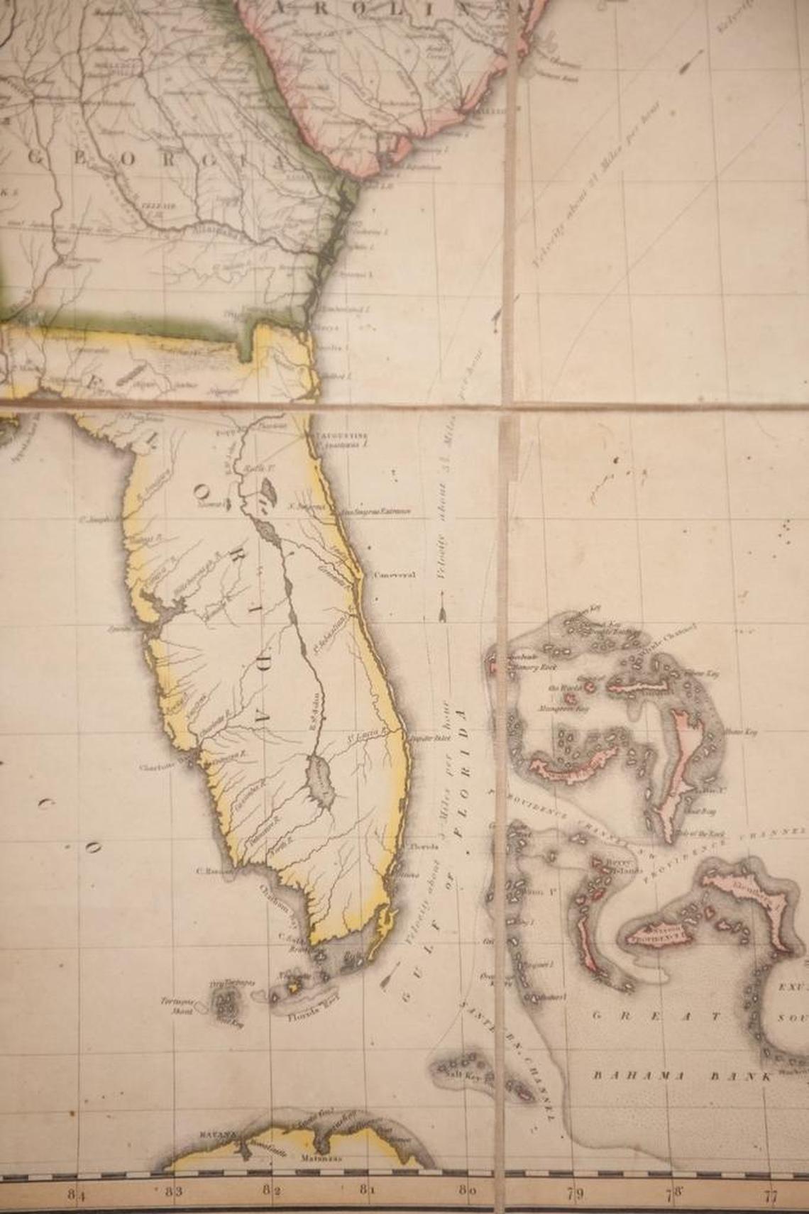 A cropped view of the first map of the entire continental United States from 1816, on display during the 20th annual Miami International Map Fair at HistoryMiami on Feb. 2, 2013.