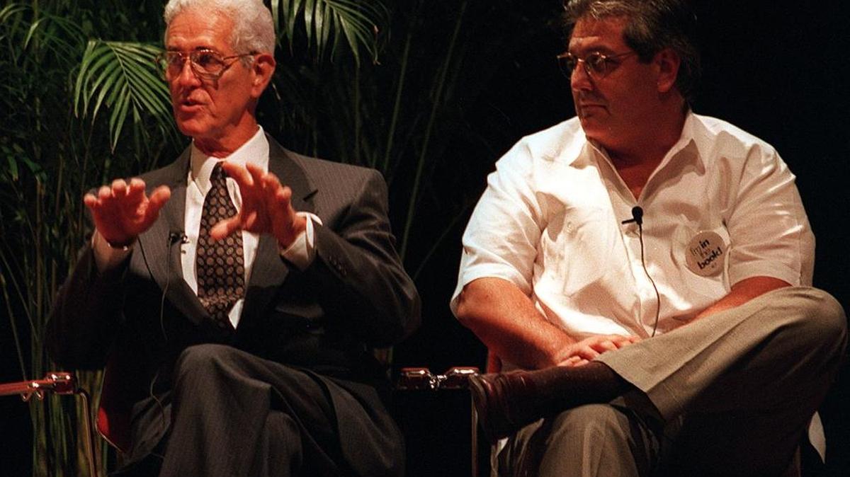 Dr. Pedro Jose Greer Sr. (left) and son Dr. Pedro Jose Greer Jr. worked together as gastroenterologists for 22 years at Mercy Hospital. They are seen here at a panel discussion at Miami Dade College in downtown Miami in 1995.