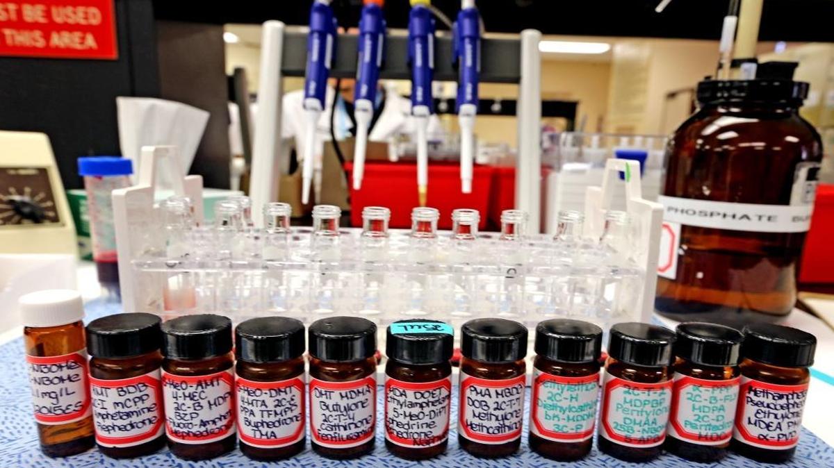 Bottles of "certified reference drug standards" used to identify synthetic drugs in deceased victims at the Miami-Dade County Medical Examiner's toxicology lab.