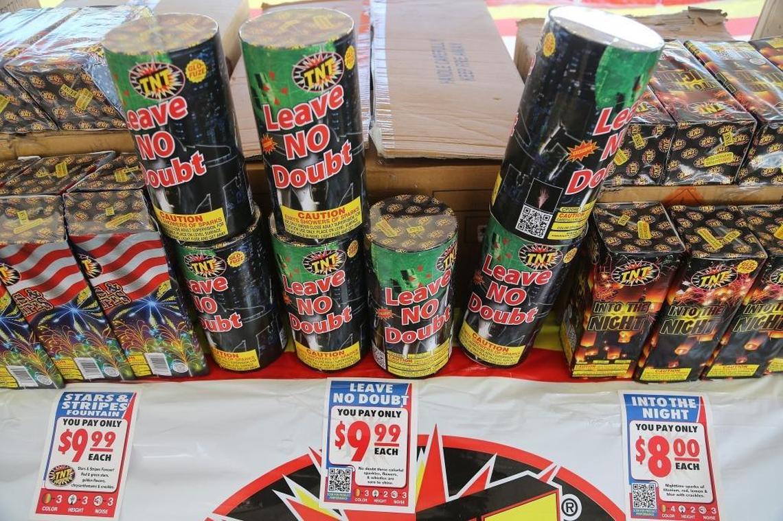 Fireworks are displayed on the counter where Armando Noche, 47, operates “TNT Fireworks” with help from his sons on Monday, July 3, 2017.